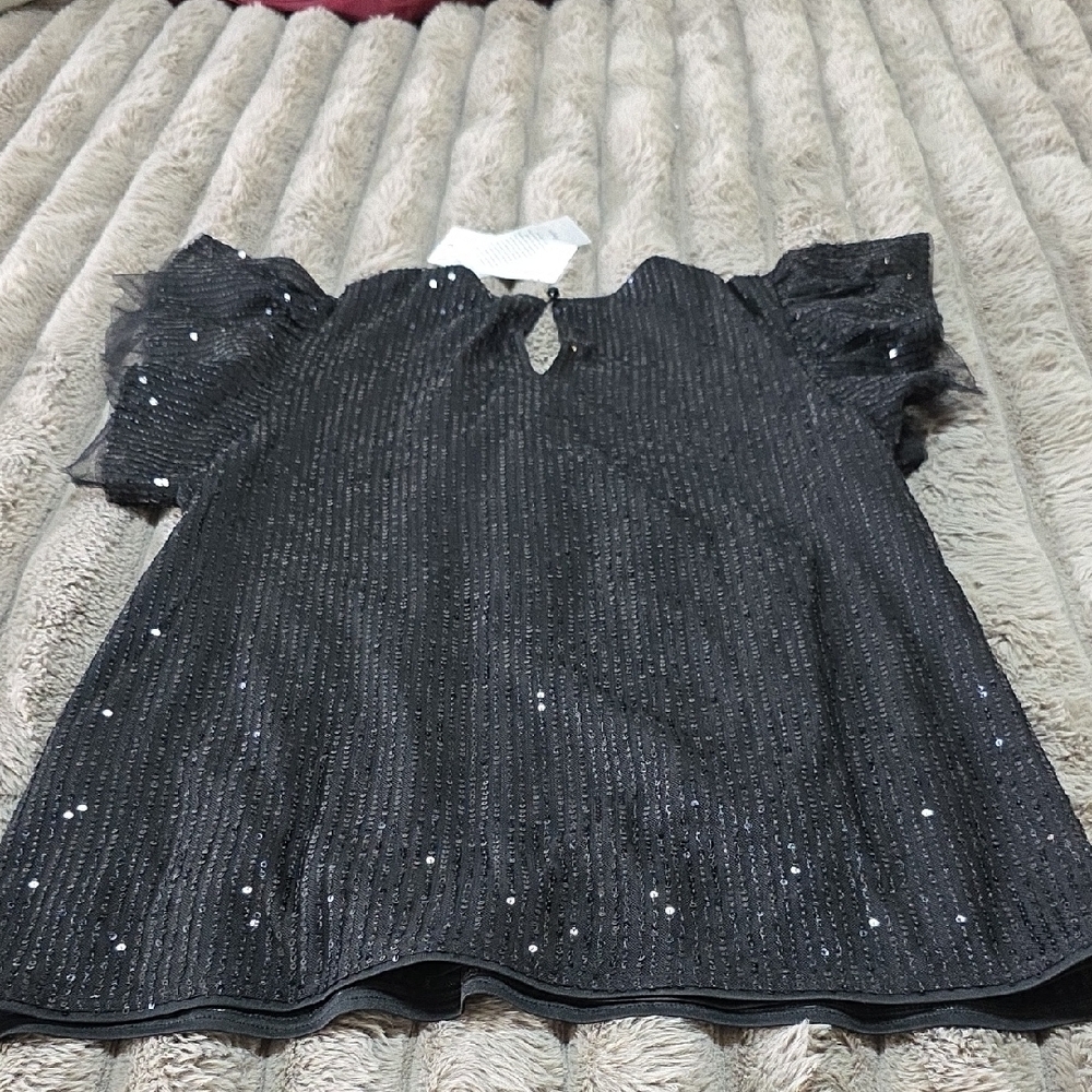 Black Sequin Short Sleeve Top Size L - Picture 10 of 12